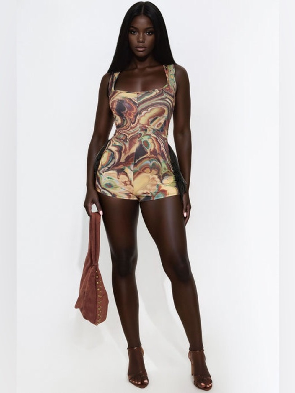 Sample Piece Marbled Square Neck Sleeveless Romper in Earthy Tones